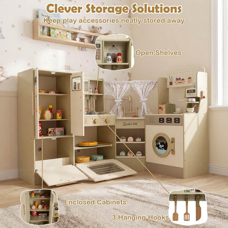 HONEY JOY Kids Corner Play Kitchen, Pretend Play Kitchen Playset