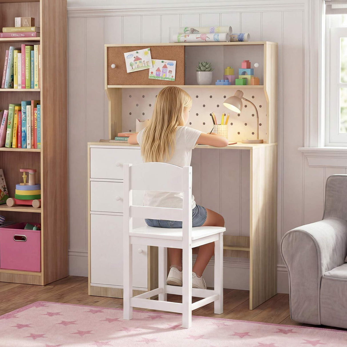 HONEY JOY Kids Desk and Chair Set w/2 Cabinets & 2 Drawers, Pegboard & Cork Bulletin Board
