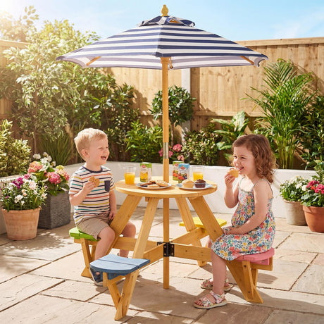 Kids Picnic Table with Stools and Foldable Adjustable Umbrella for Backyard and Patio