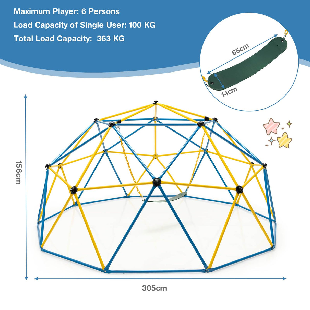 HONEY JOY Kids 10FT Climbing Dome with Swing w/Slide
