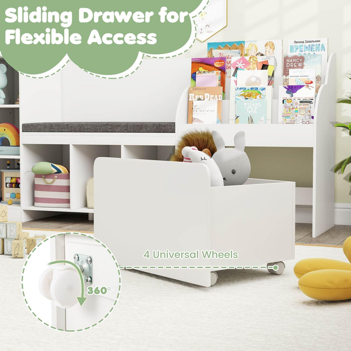 HONEY JOY Kids Bookcase Reading Nook, 4-in-1 Standing Toy Organiser