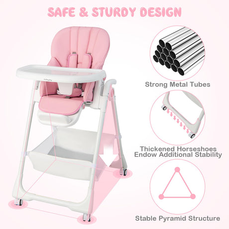 BABY JOY Baby High Chair, Foldable Highchair w/ 7 Heights, 5 Recline Positions