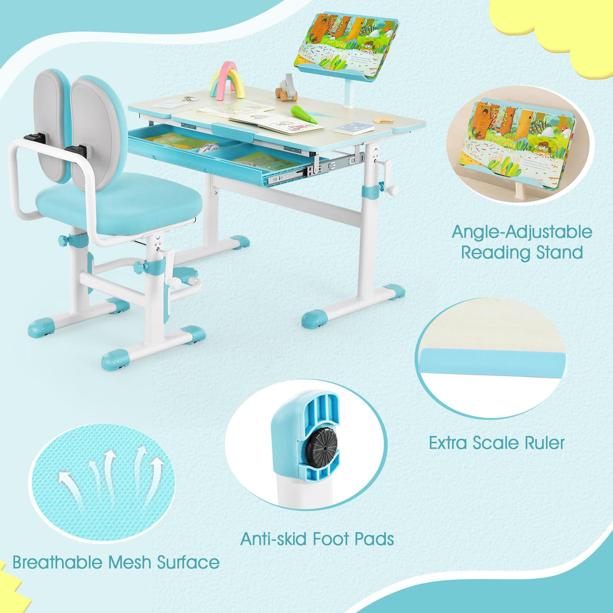 HONEY JOY Kids Desk and Chair Set, Student Study Desk w/Adjustable Height, Tiltable Desktop, Book Stand