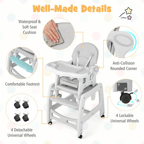 BABY JOY 3-in-1 Baby High Chair, Convertible Feeding Chair Toddler Table Chair Set w/Removable 4-Position Tray, Seat Cushion