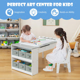 HONEY JOY Kids Table and Chairs Set, 2 in 1 Wooden Art Table & Easel Set for Children with 2 Chairs, 6 Storage Bins