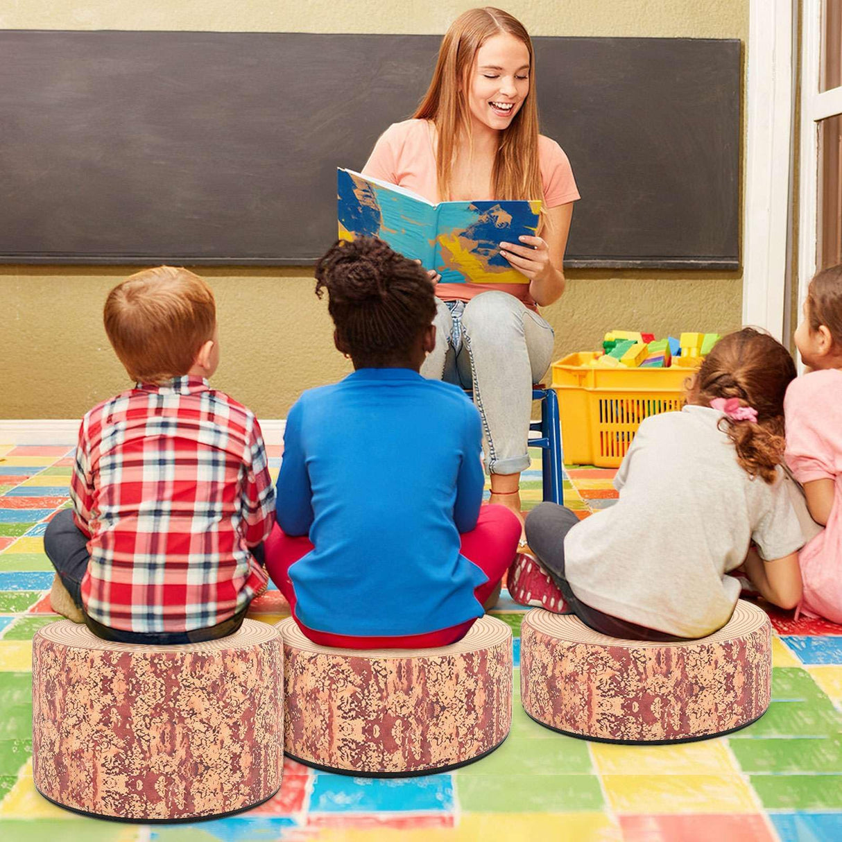 3-Piece Kids Floor Cushions with Wood Printing Nature Decoration