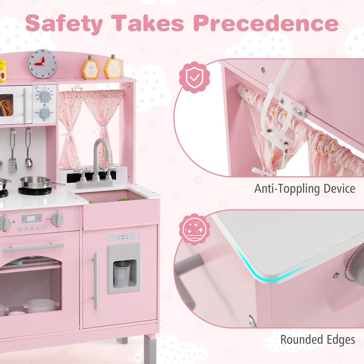 Wooden Play Kitchen for Kids with 3 Adjustable Heights and Stoves and Ice Maker
