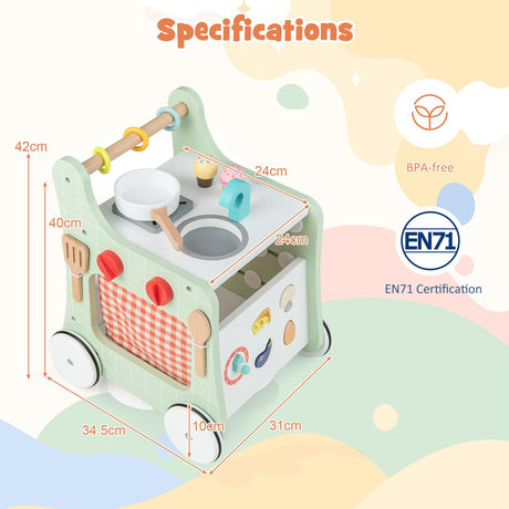 BABY JOY 6-in-1 Wooden Baby Walker, Toddler Push and Pull Learning Activity Center