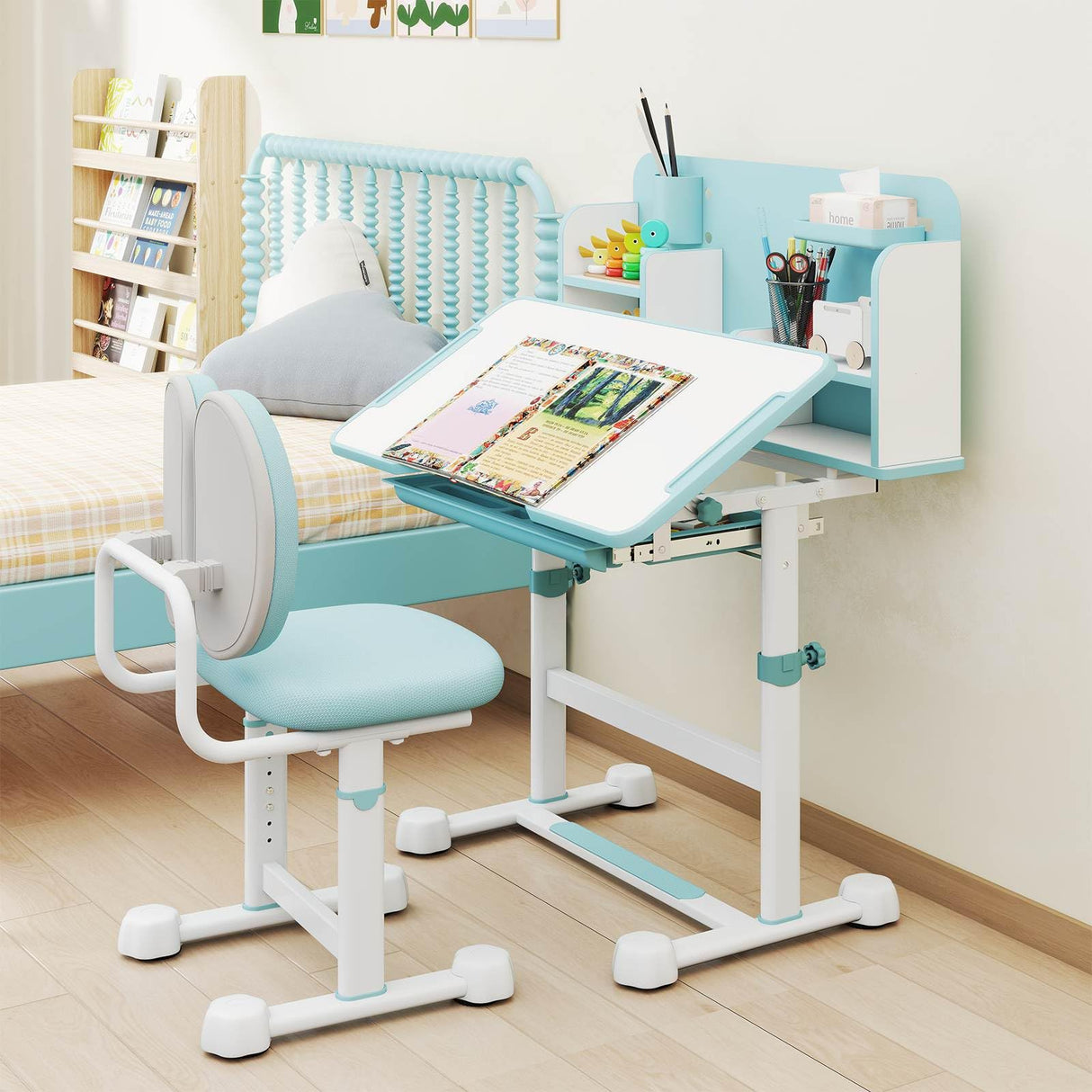 Kids Study Desk & Chair Set, Height-Adjustable Student Writing Table w/Chair