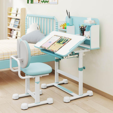 Children's study desk and chair set with a tablet stand in a room.