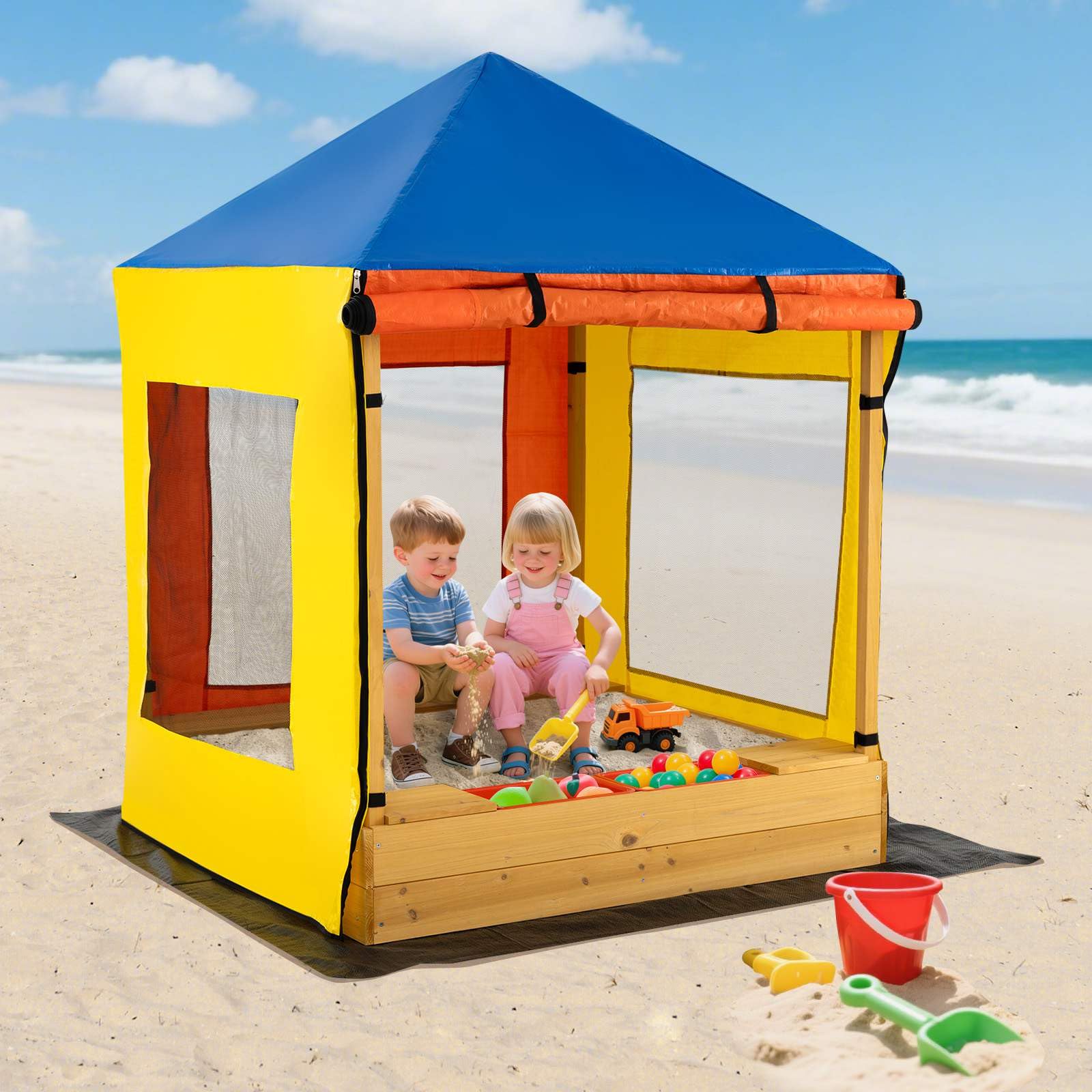 Kids Wooden Sandbox with Canopy, Outdoor Large Fir Wood Playhouse