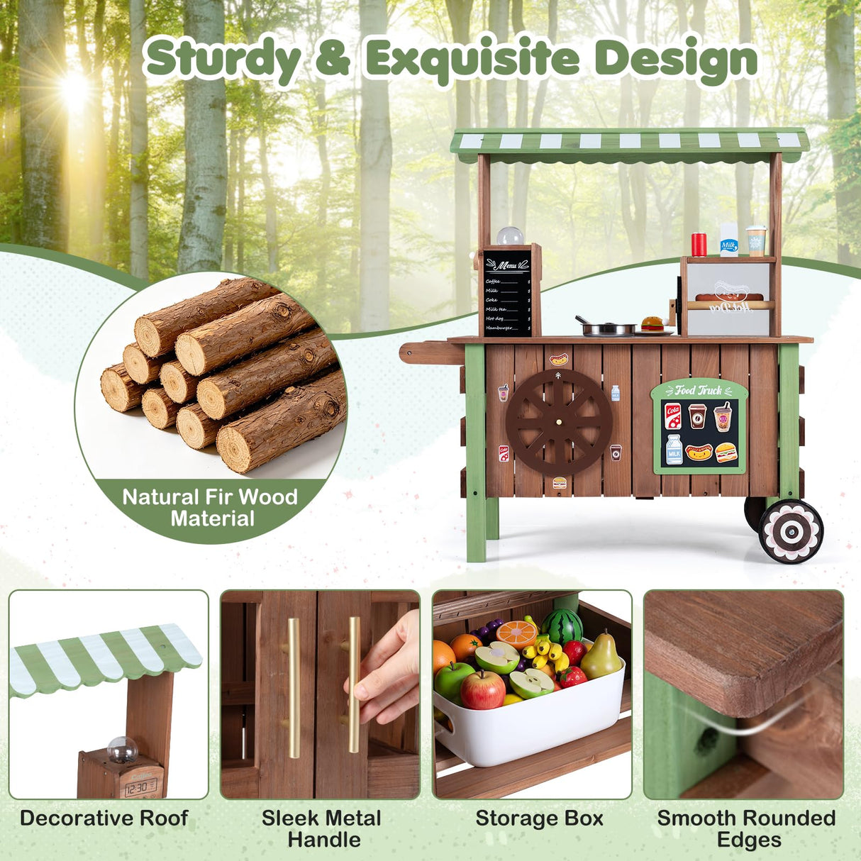 HONEY JOY Kids Food Cart, Pretend Play Market Stand Food Cart