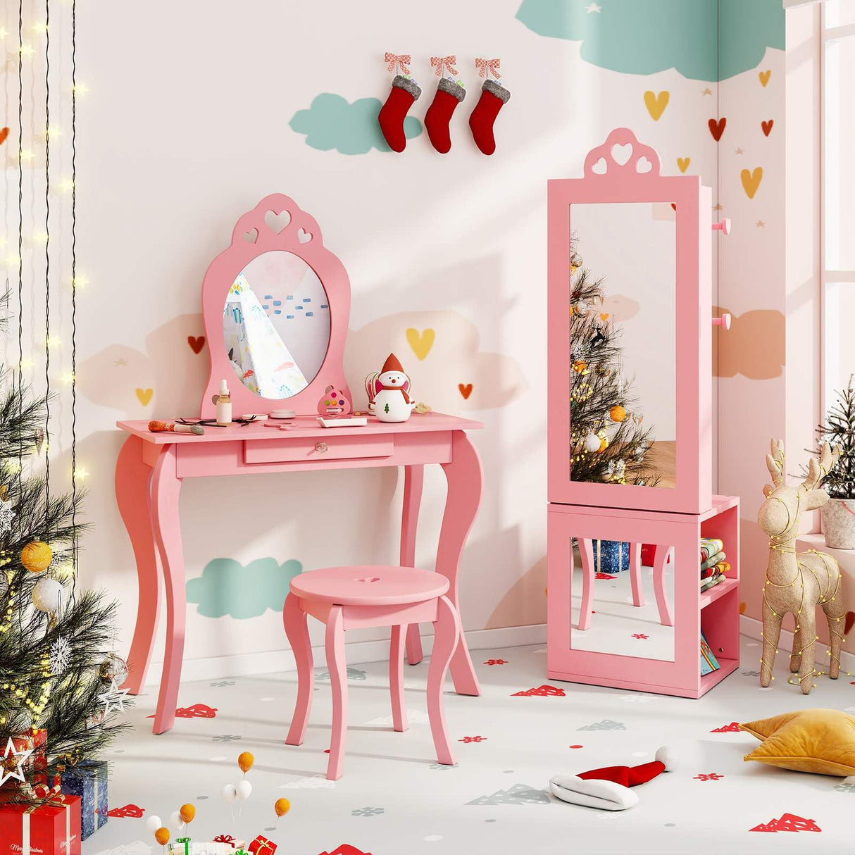 HONEY JOY Kids Jewelry Cabinet, 3-in-1 Freestanding Jewelry Armoire