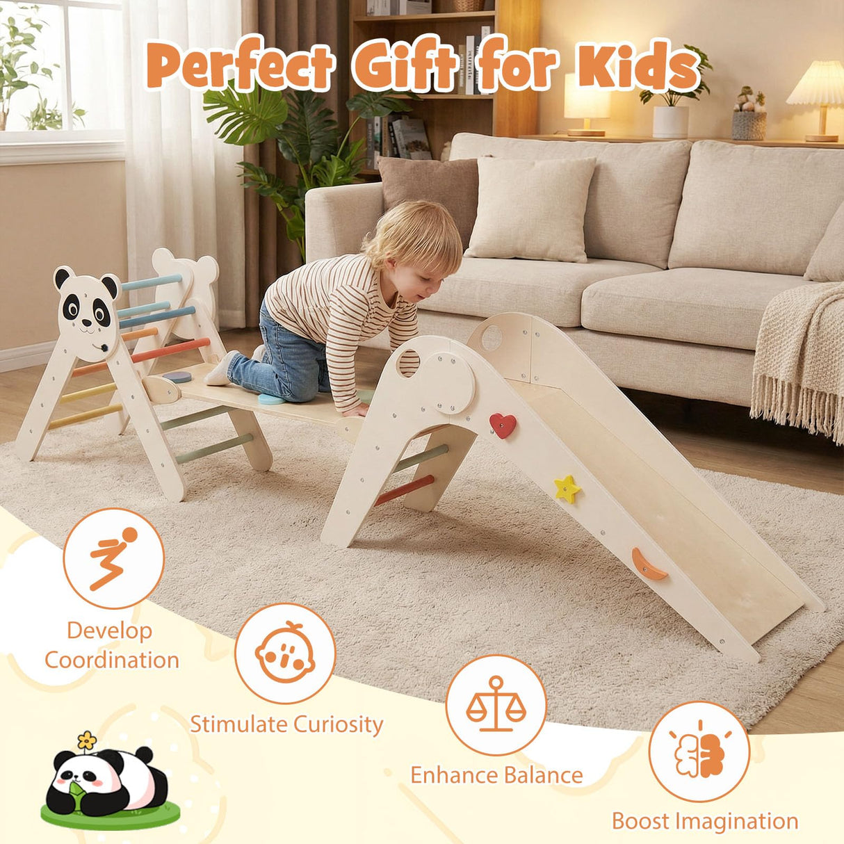 HONEY JOY Kids Triangle Climbing Set, Foldable Panda-Themed Wood Montessori Climbing Set