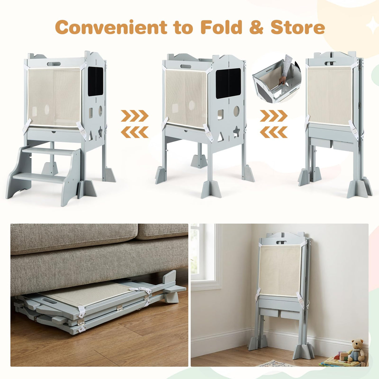 BABY JOY Foldable Toddler Tower with 3 Using Modes Step Stool Standing Kitchen Tower