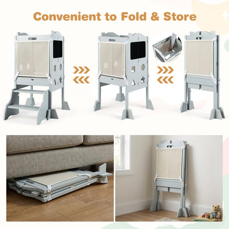 BABY JOY Foldable Toddler Tower with 3 Using Modes Step Stool Standing Kitchen Tower