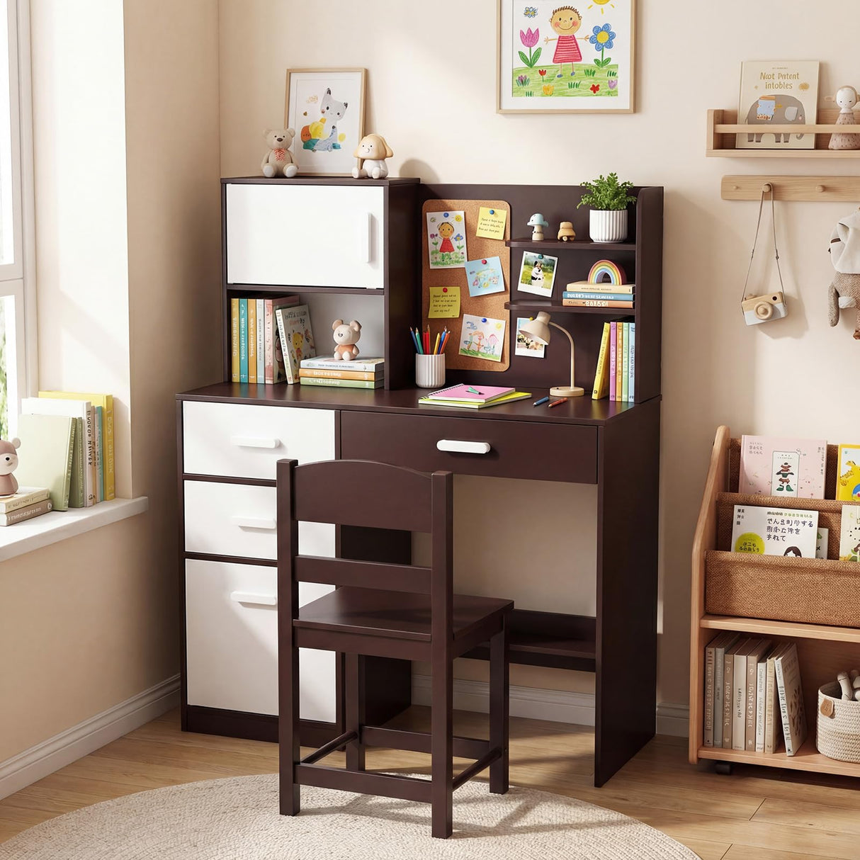 HONEY JOY Kids Desk and Chair Set, Study Table w/Hutch, Bulletin Board