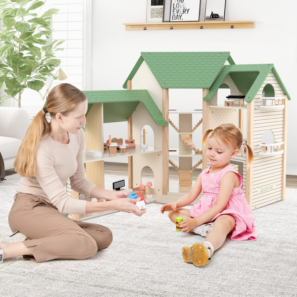 HONEY JOY Wooden Corner Dollhouse Playset, Green Roof Doll House with 34 Pieces of Furniture and Accessories
