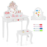 HONEY JOY Kids Vanity & Stool Set, Kids Dressing Table w/360° Rotatable Mirror, Whiteboard, 3 Storage Drawers, Cute Apple Patterns