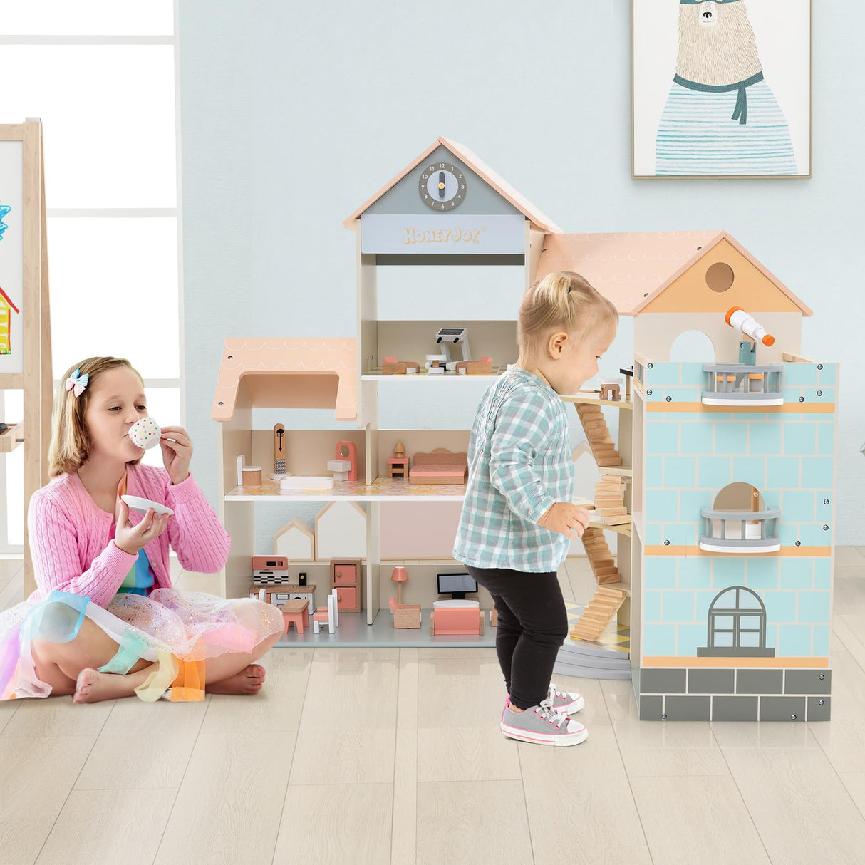 Wooden Corner Dollhouse Playset with 34 Pieces of Furniture and Accessories