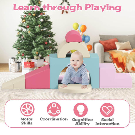 Baby playing behind a colorful playpen with festive decorations in the background.