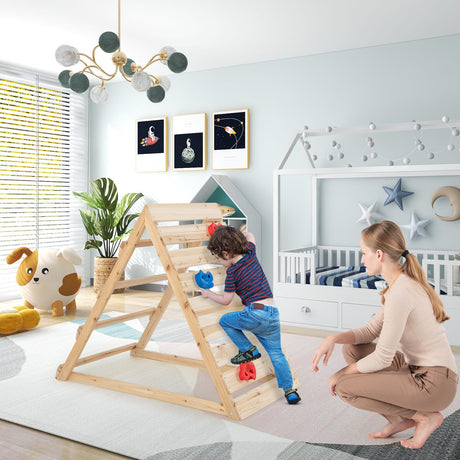 HONEY JOY Double Sided Triangle Climber Playset, Wooden Climbing Toy with Colorful Climbing Rocks & Climbing Ladders