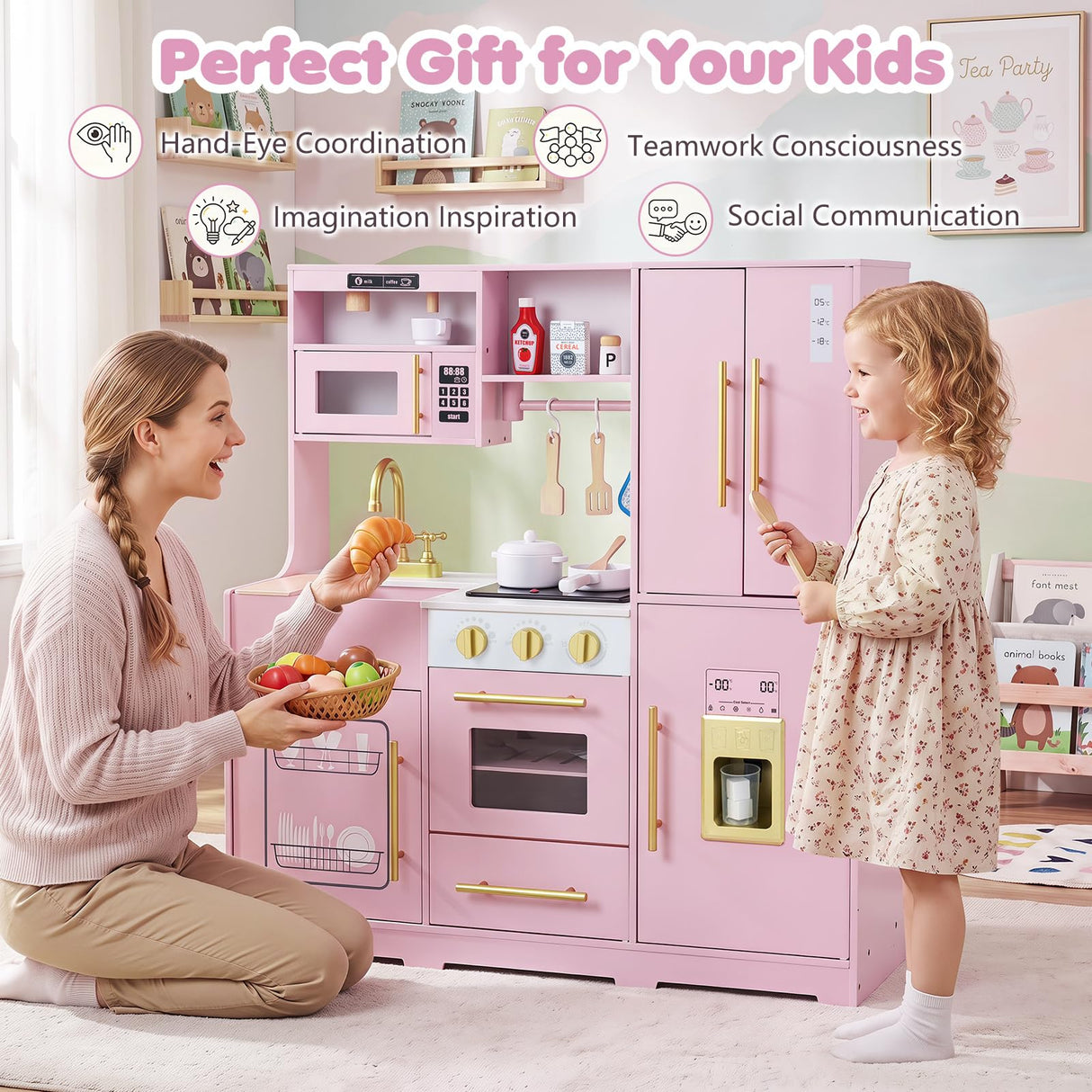 Wooden Play Kitchen with Lights & Sounds and Sink Stove Oven for Kids Ages 3+