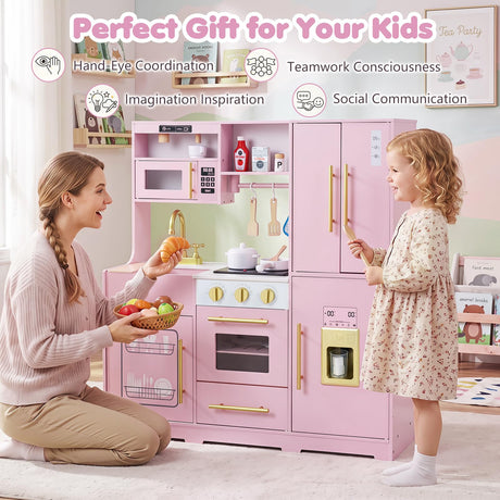 Wooden Play Kitchen with Lights & Sounds and Sink Stove Oven for Kids Ages 3+