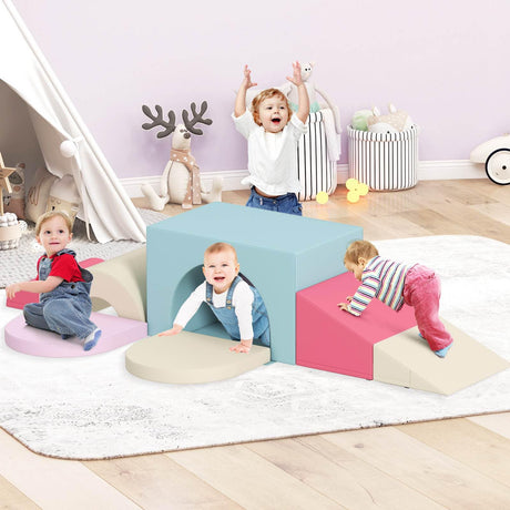 Children playing with colorful foam blocks in a playroom.
