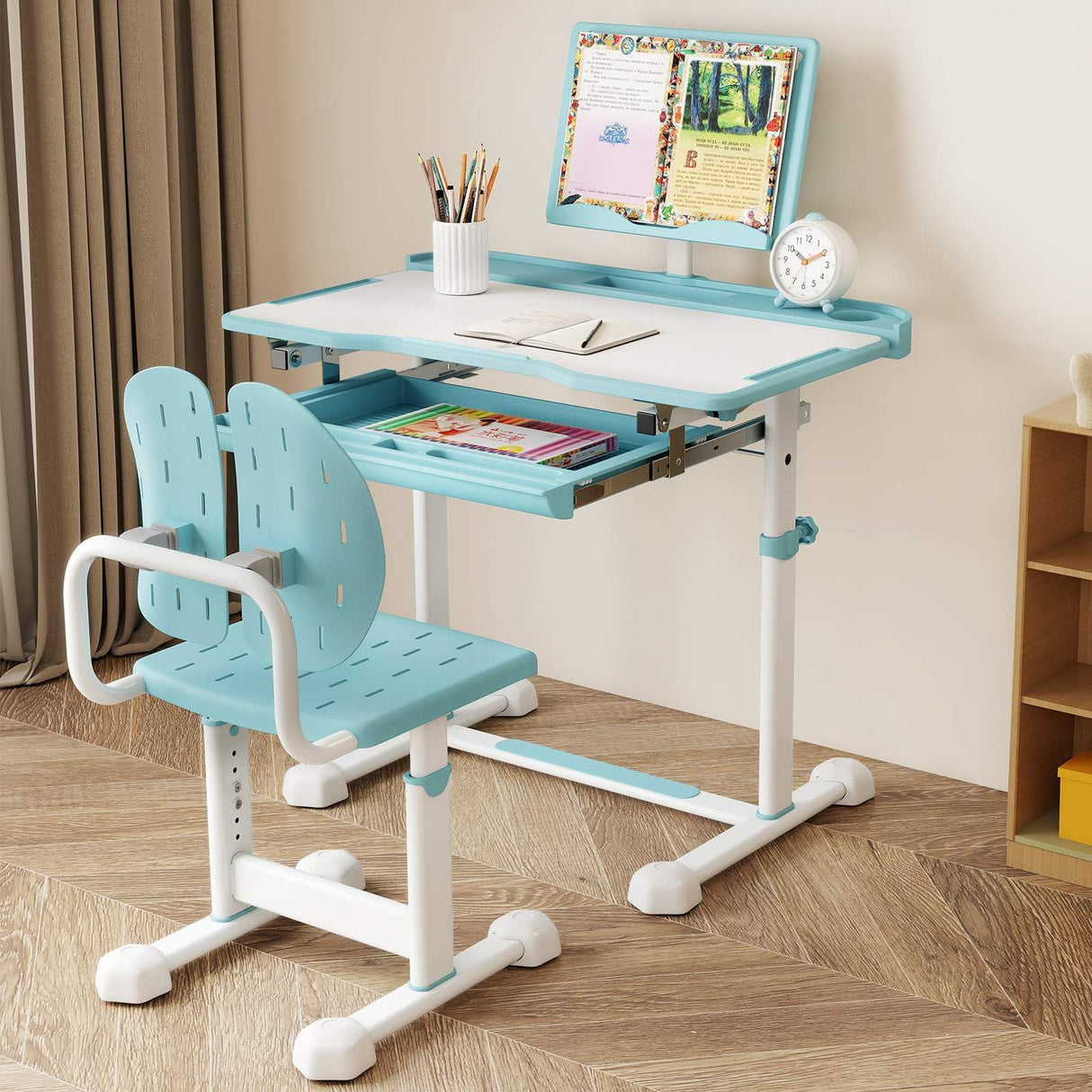 Kid's Study Desk and Chair Set Height-Adjustable Desk with Tilt Desktop and Ergonomic Chair