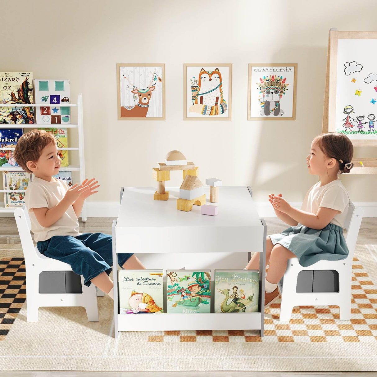 4-in-1 Kids Table and Chair Set, Wooden Activity Table, 2-in-1 Detachable Tabletop Table & Chair Set for Classroom