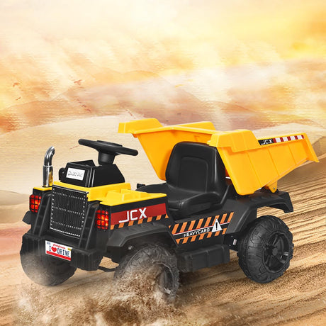 HONEY JOY Ride on Car, 12V Dump Truck with Remote Control, Electric Dump Bed, Music, Horn, USB, AUX, Treaded Tires, Shovel