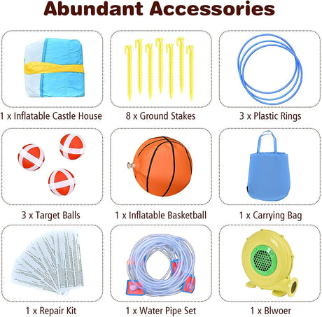 HONEY JOY 8 in 1 Inflatable Water Slide, Water Park w/Double Slides, Basketball Hoop, Water Gun