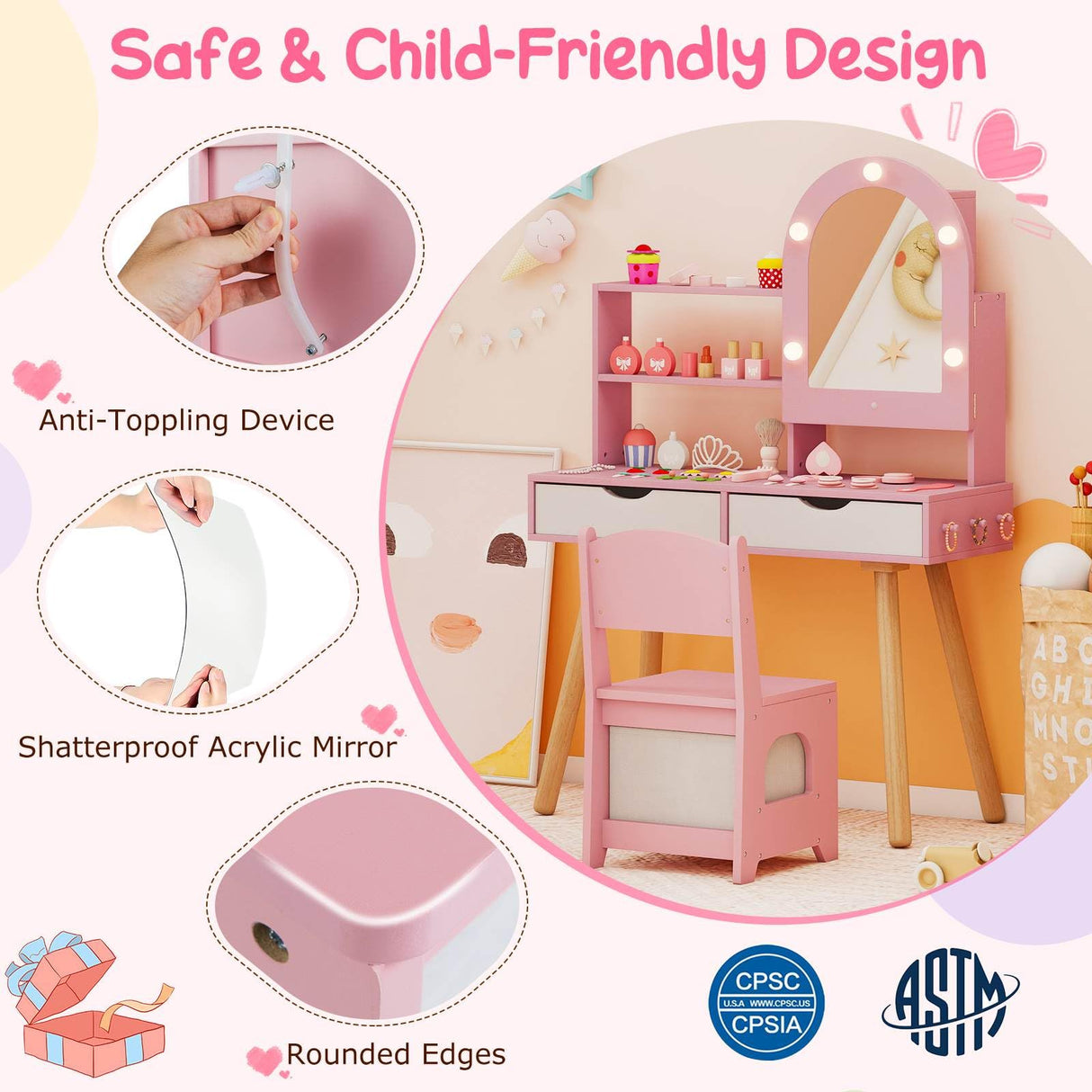 Kids Vanity Set, Pretend Play Dressing Table Set w/3-Color Lighting Modes