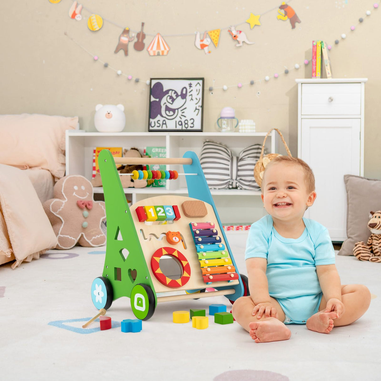 BABY JOY Wooden Baby Walker, Push and Pull Sit-to-Stand Learning Walker Activity Center(Colorful)
