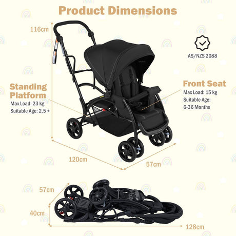 Sit and Stand Stroller, Foldable Double Stroller with Wristband