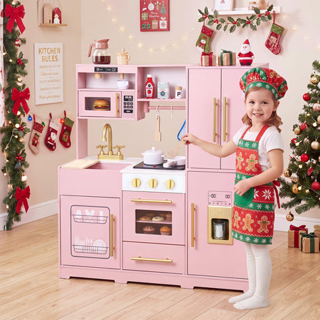 Wooden Play Kitchen with Lights & Sounds and Sink Stove Oven for Kids Ages 3+