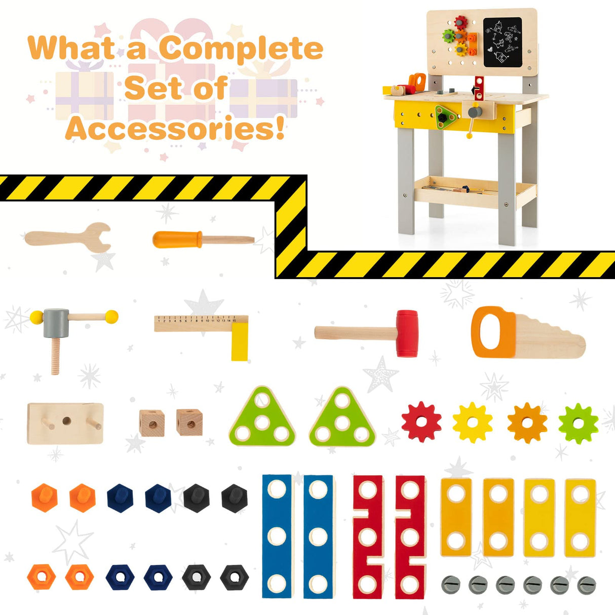 HONEY JOY Kids Wooden Tool Workbench Toy, Pretend Play Workbench Set for Children w/Blackboard