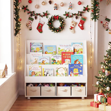 HONEY JOY Double-Sided Kids Bookshelf, Toddler Book Shelf