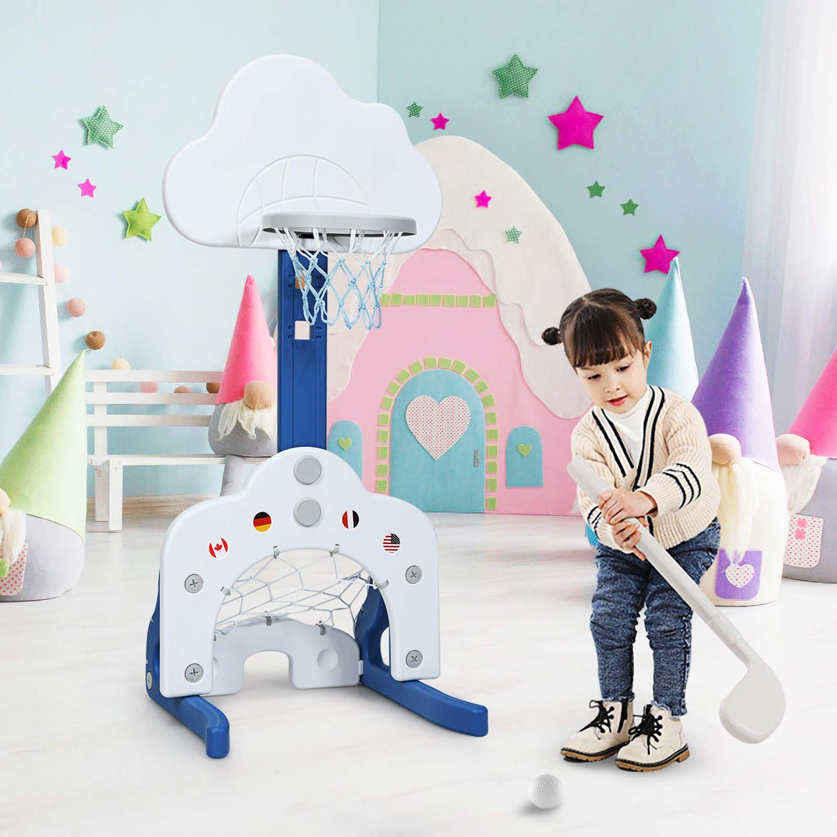 HONEY JOY Kids Basketball Hoop, 3 in 1 Toddler Sports Activity Center