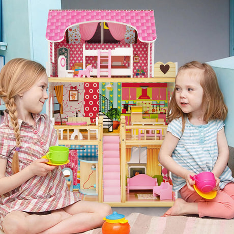 HONEY JOY Kids Wooden Dollhouse Playset w/15 Furniture Accessories