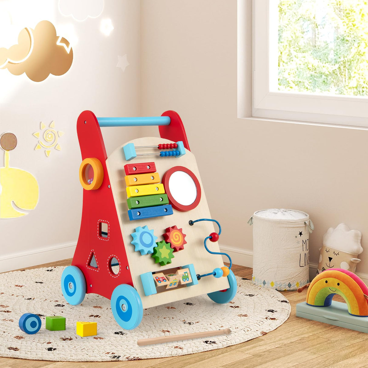 Wooden Baby Walker, Baby Push Walker with Handle, Storage & Wheels, Push and Pull Learning Activity Walker