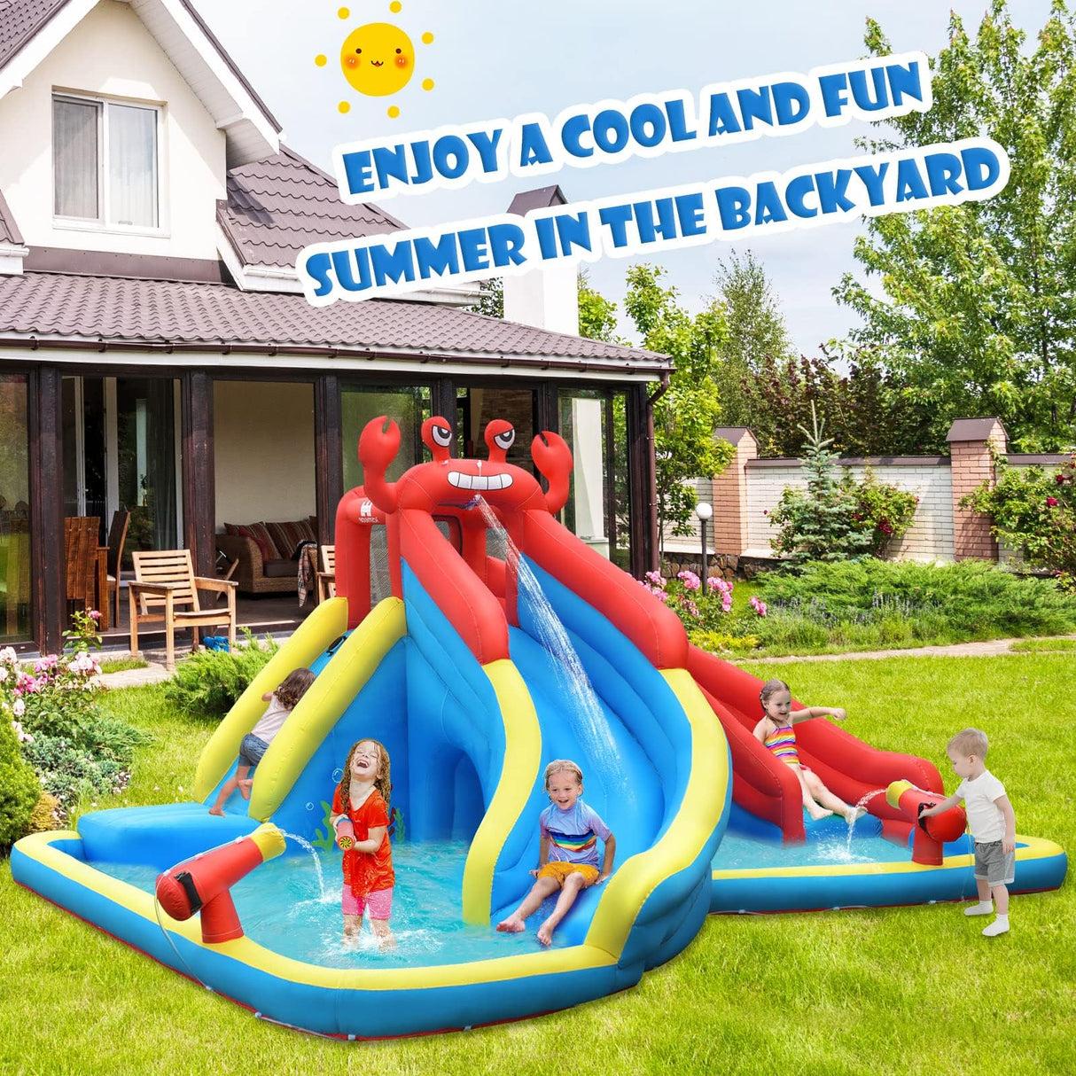 HONEY JOY Inflatable Water Slide, 7 in 1 Giant Water Park Double Long Slide w/Splash Pool, Tunnel Adventure (Without Blower)