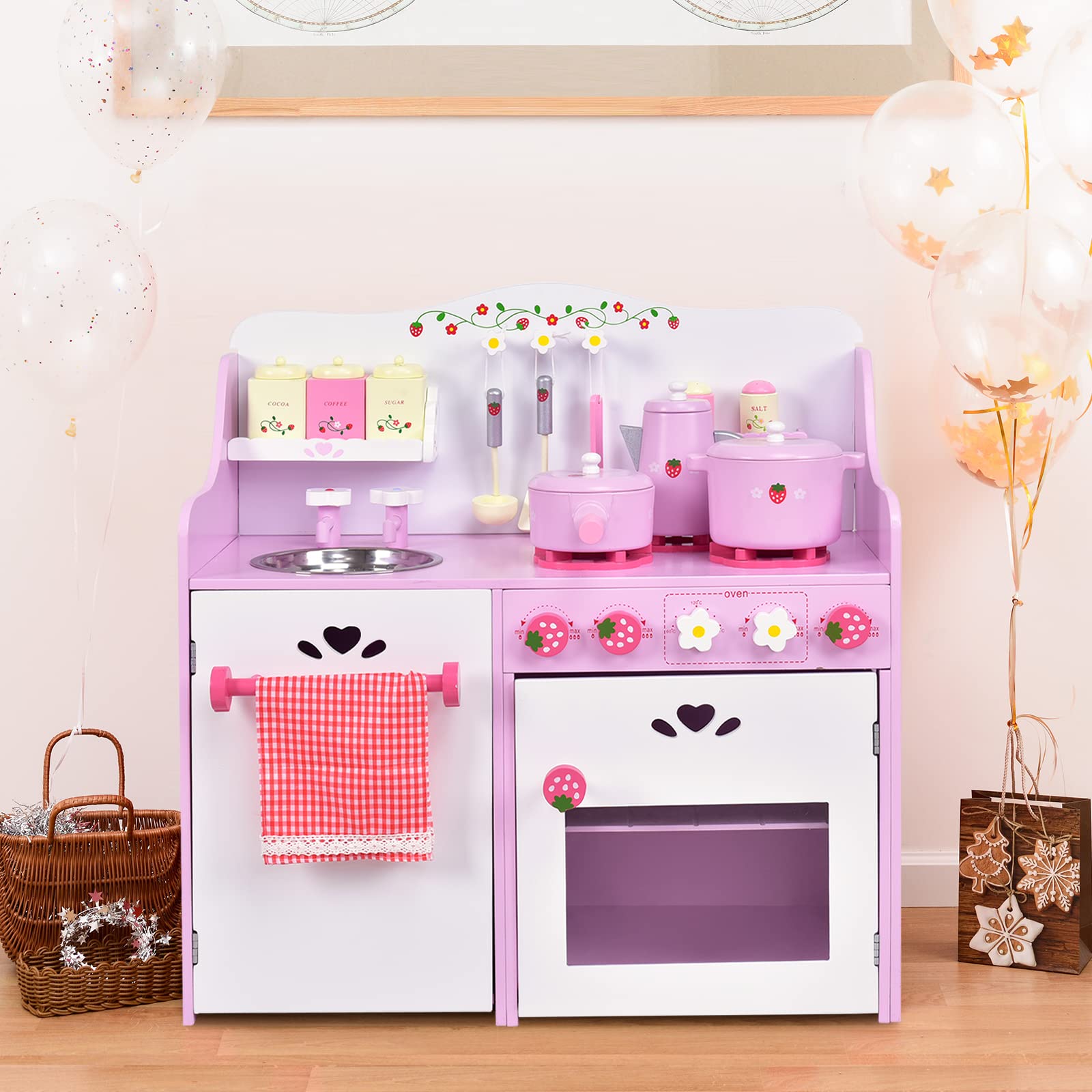 HONEY JOY Kids Kitchen Playset, Wooden Strawberry Themed Pretend