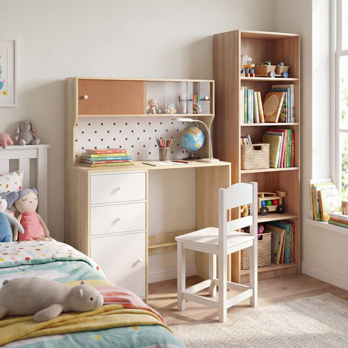 HONEY JOY Kids Desk and Chair Set w/2 Cabinets & 2 Drawers, Pegboard & Cork Bulletin Board