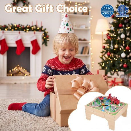 HONEY JOY 63-Piece Kids Wooden Train Table w/Storage Drawer