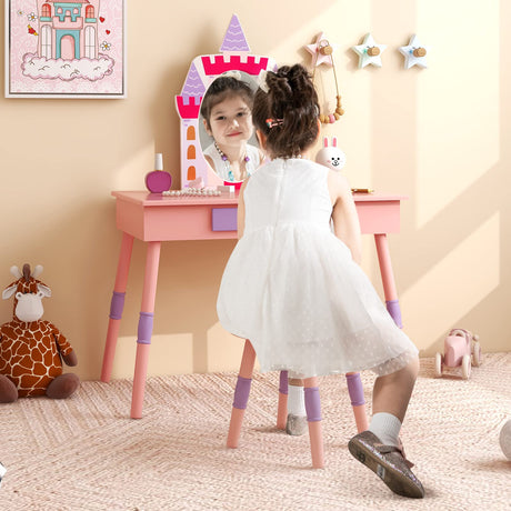 HONEY JOY Kids Vanity Set, Dressing Table for Children with Mirror and Stool, Princess Makeup Table