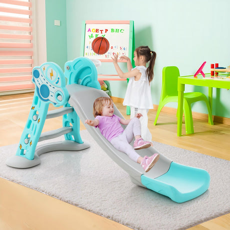 HONEY JOY 3-in-1 Indoor Slide for Kids, Folding Slide Playset with Basketball Hoop & Small Basketball