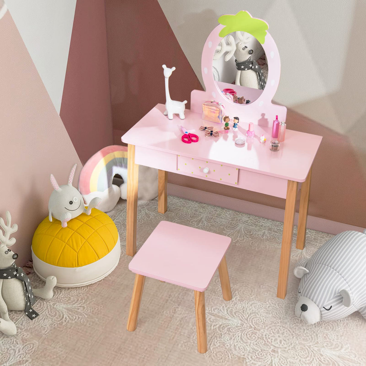 HONEY JOY 2-in-1 Kids Vanity Set, Wooden Kids Dressing Table with Stool, Strawberry-Shaped Mirror & Practical Drawer