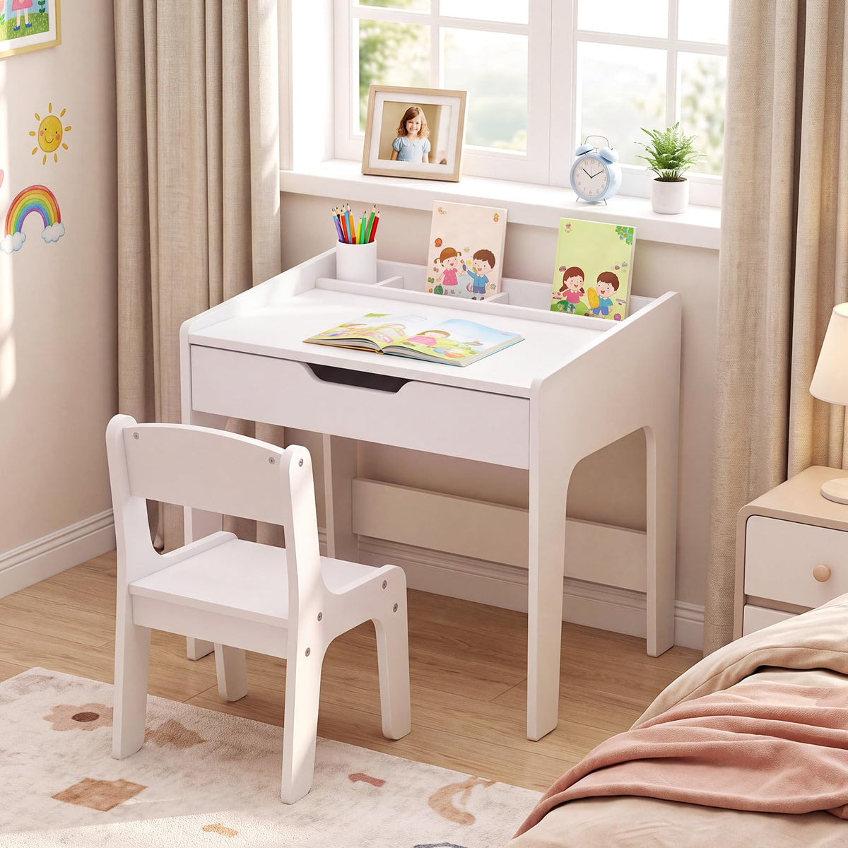 HONEY JOY Kids Desk & Chair Set, Wooden Student Study Table